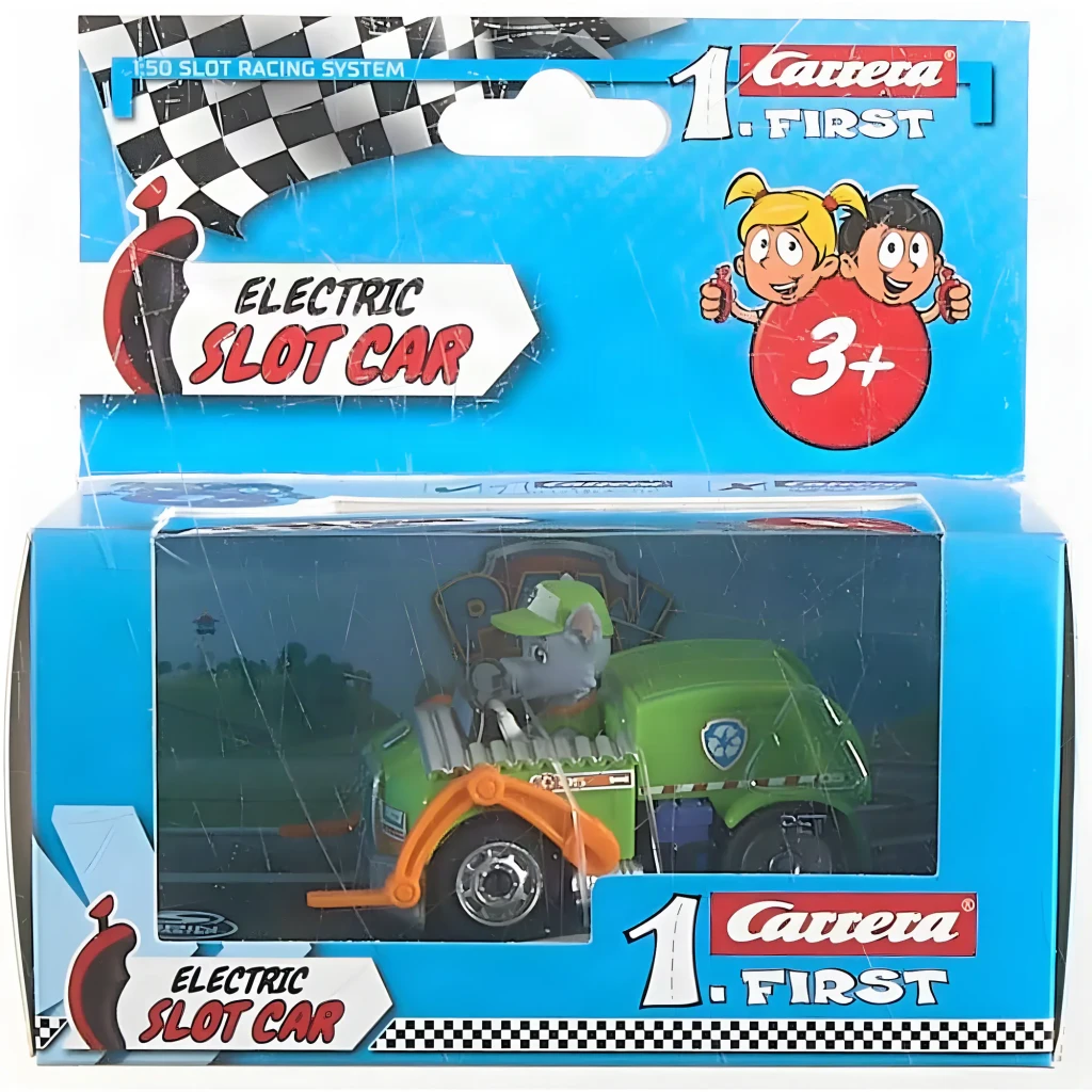 Pista de carreras Carrera First Paw Patrol Rocky 20065026 Escala 1/50, contenido de la caja: slot car verde de Rocky visible