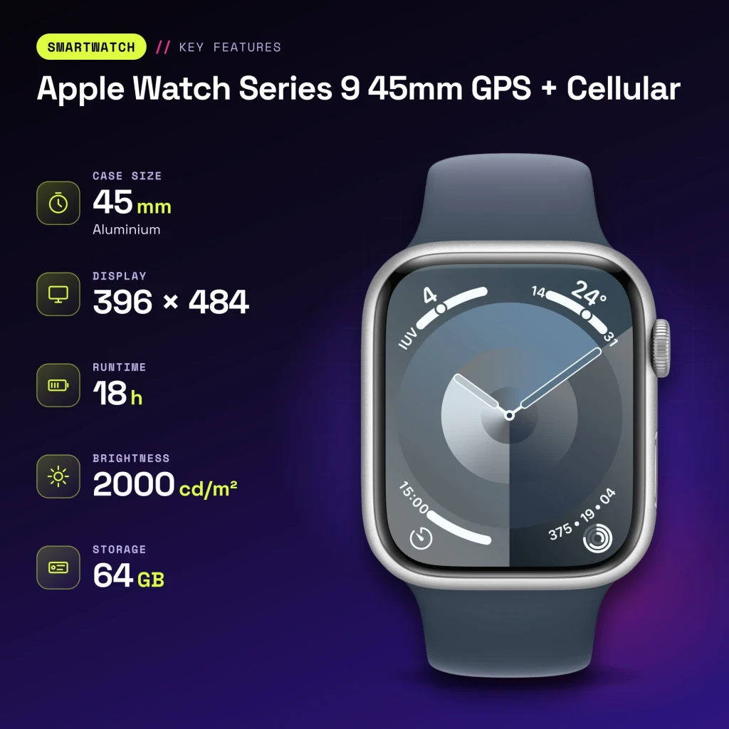 Apple Watch Series 9 45mm GPS + Cellular Plata LTE NFC Batería 18 h (36 h Bajo Consumo) - características