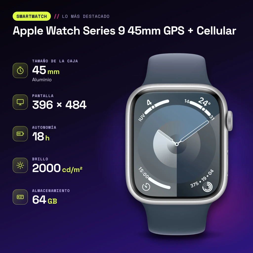 Apple Watch Series 9 45mm GPS + Cellular Plata LTE NFC Batería 18 h (36 h Bajo Consumo) - características