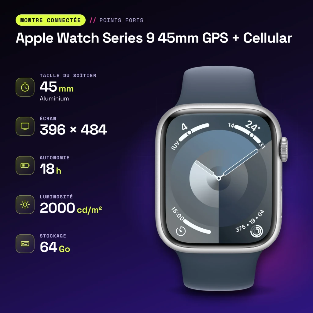Apple Watch Series 9 45mm GPS + Cellular Plata LTE NFC Batería 18 h (36 h Bajo Consumo) - características