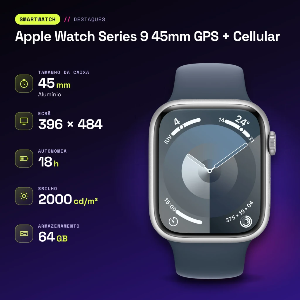 Apple Watch Series 9 45mm GPS + Cellular Plata LTE NFC Batería 18 h (36 h Bajo Consumo) - características