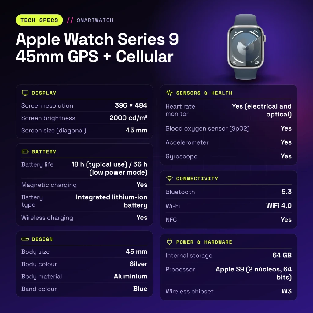 Apple Watch Series 9 45mm GPS + Cellular Plata LTE NFC Batería 18 h (36 h Bajo Consumo) - características