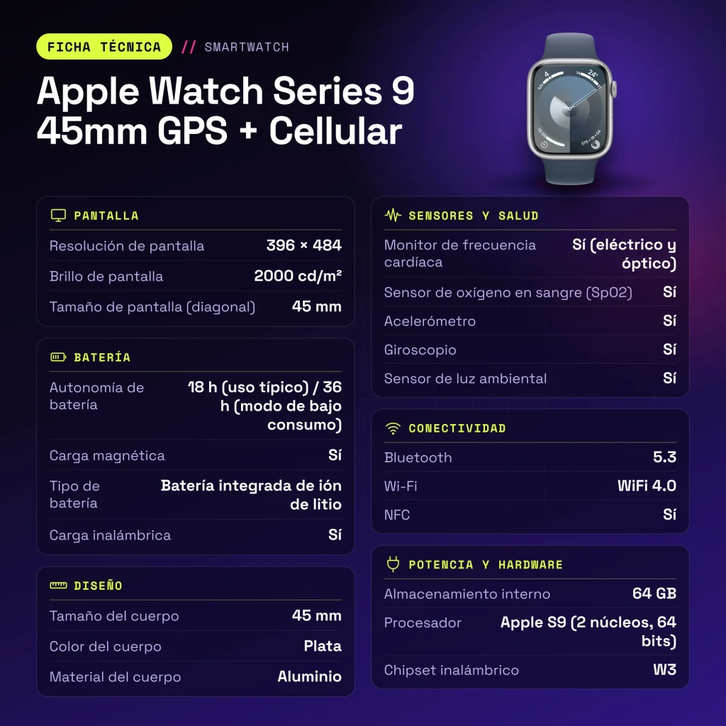 Apple Watch Series 9 45mm GPS + Cellular Plata LTE NFC Batería 18 h (36 h Bajo Consumo) - características