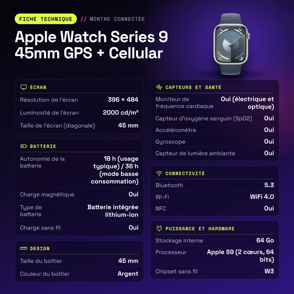 Apple Watch Series 9 45mm GPS + Cellular Plata LTE NFC Batería 18 h (36 h Bajo Consumo) - características