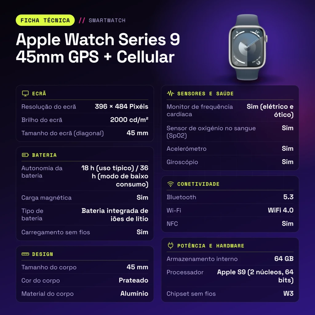 Apple Watch Series 9 45mm GPS + Cellular Plata LTE NFC Batería 18 h (36 h Bajo Consumo) - características
