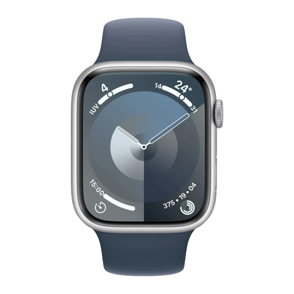 Apple Watch Series 9 45 mm plata con pantalla rectangular borde curvo, caja de aluminio plateada y correa azul; esfera minimalista con indicadores claros