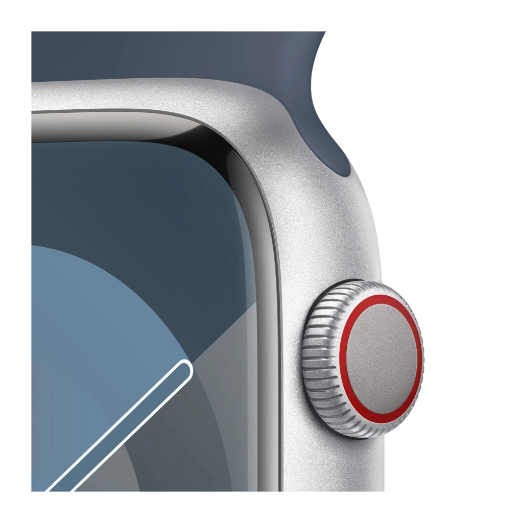 Apple Watch Series 9 45mm GPS + Cellular Plata LTE NFC Batería 36 Horas, detalle: Digital Crown plateada con anillo rojo