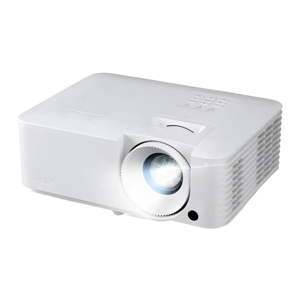 Proyector Acer Vero 1080p 5500 Lúmenes ANSI DLP Autoenfoque Blanco PL2535n, vista frontal en ángulo: lente iluminada