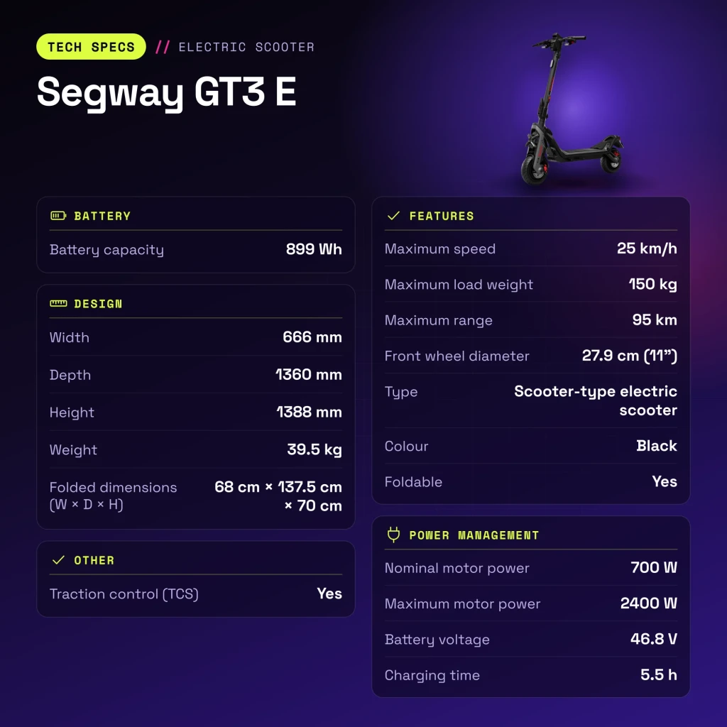 Patinete eléctrico Segway GT3 E 700W 95km 25km/h 11 pulgadas Negro - características