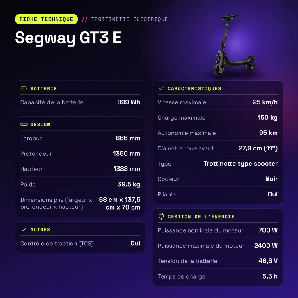 Patinete eléctrico Segway GT3 E 700W 95km 25km/h 11 pulgadas Negro - características