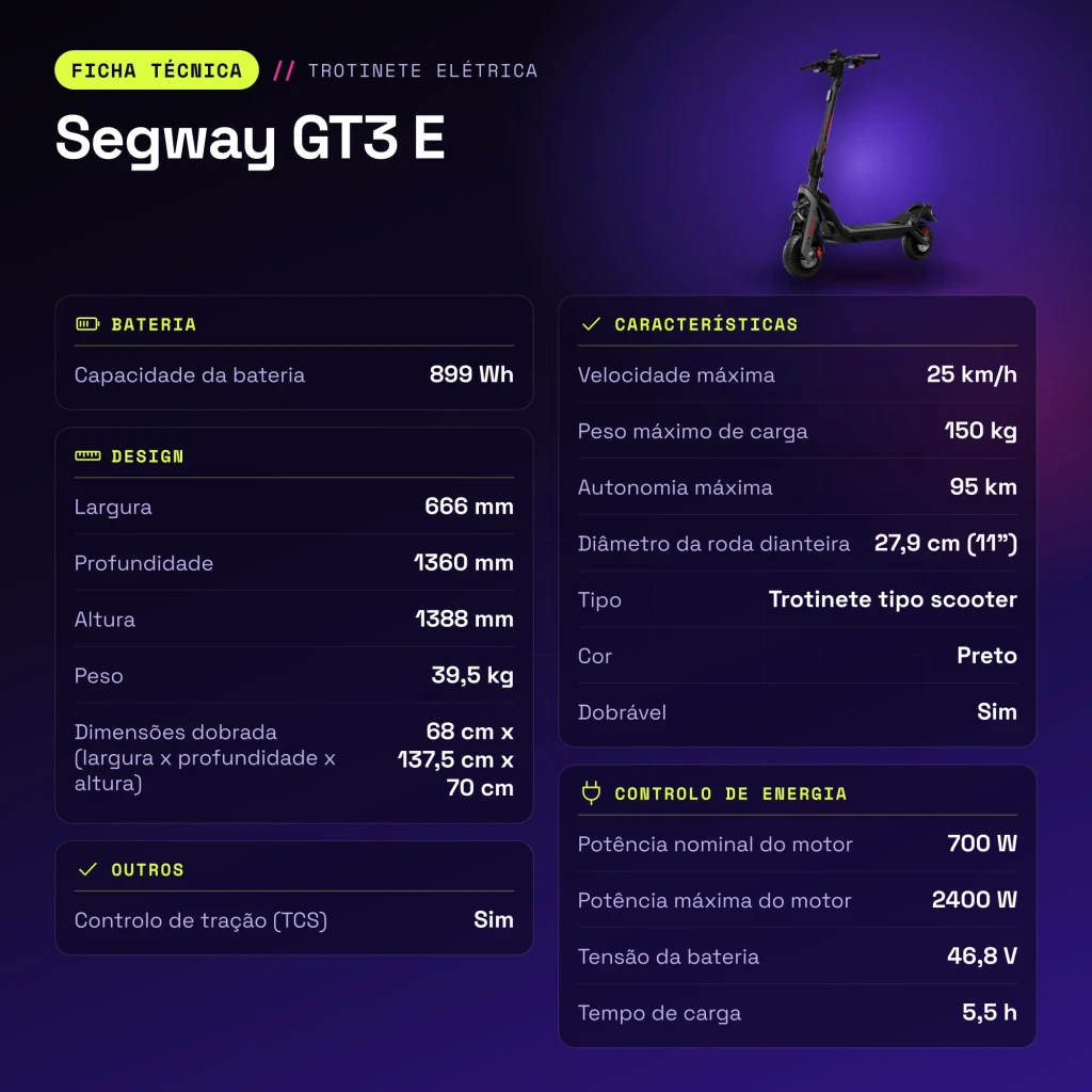 Patinete eléctrico Segway GT3 E 700W 95km 25km/h 11 pulgadas Negro - características
