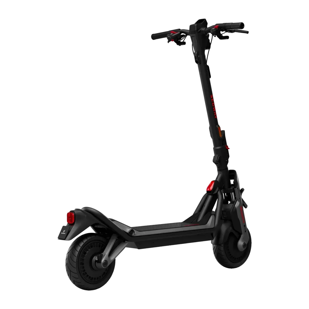 Patinete eléctrico Segway GT3 E 700W 95km 25km/h 11 pulgadas Negro, vista trasera: luz trasera roja, rueda ancha y logo