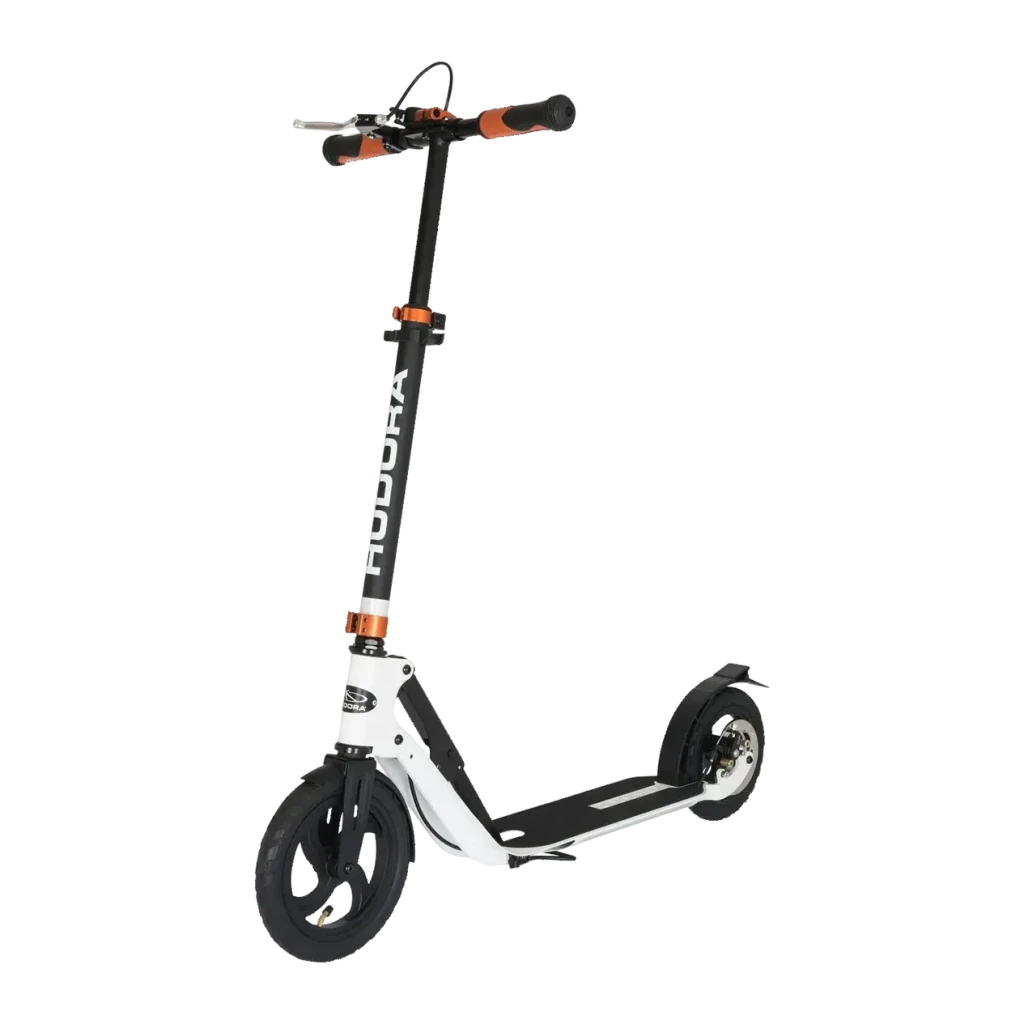 Hudora BigWheel Air 230 Dual Brake Negro/Blanco Patinete clásico plegable, vista frontal: manillar con puños marrones