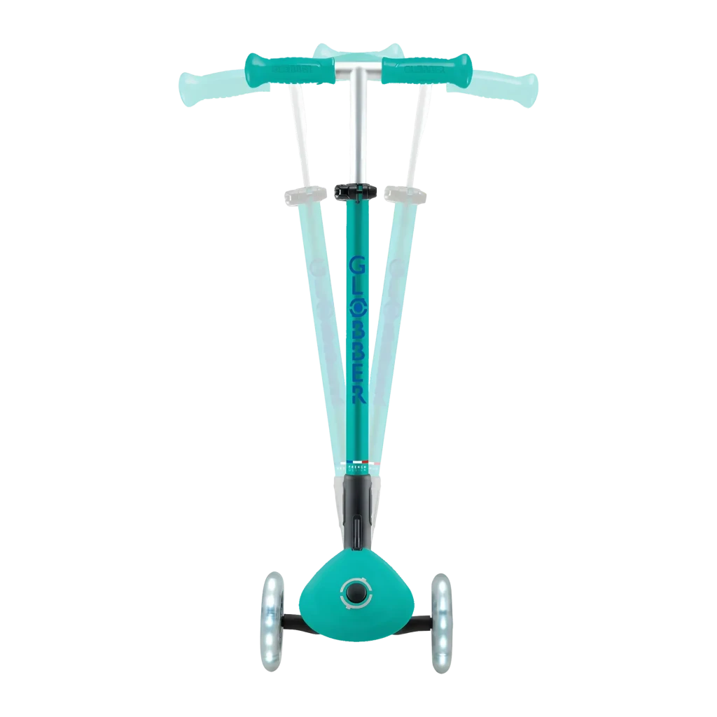 Patinete infantil Globber Primo Foldable Plus Lights 3 ruedas LED Turquesa, detalle frontal: manillar, poste plegable