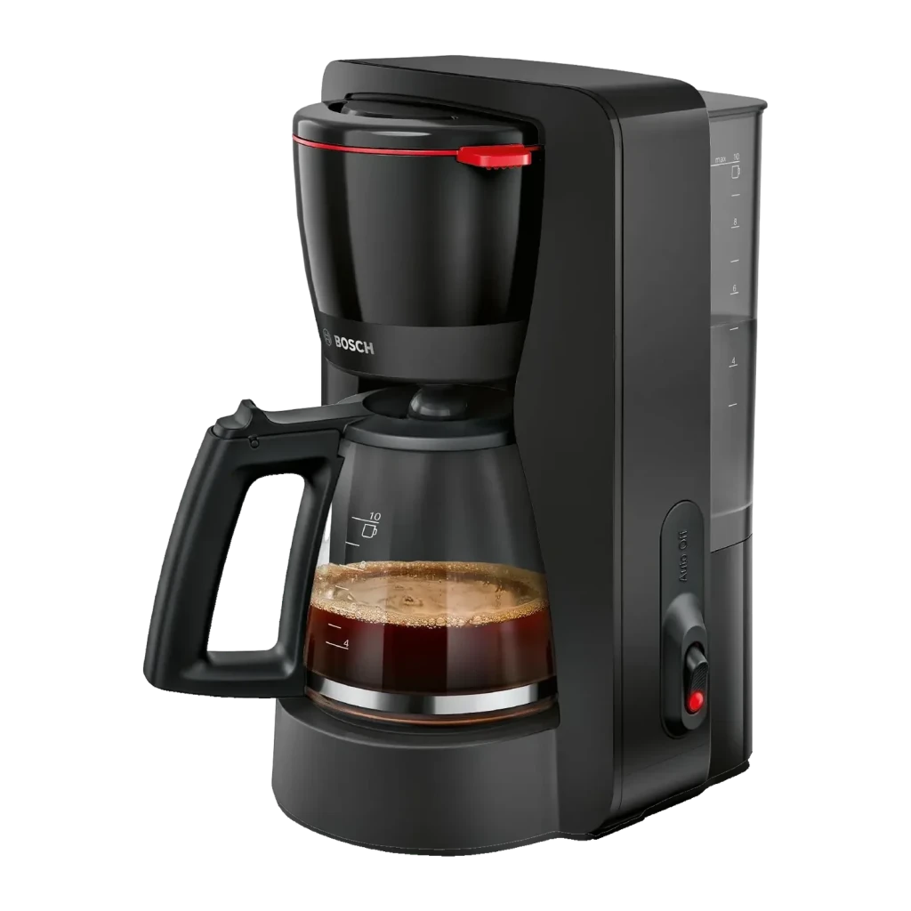 Cafetera de Goteo Bosch MyMoment TKA2M113 1,25L 1200W Negro, vista frontal: jarra de vidrio con café, acento rojo en filtro