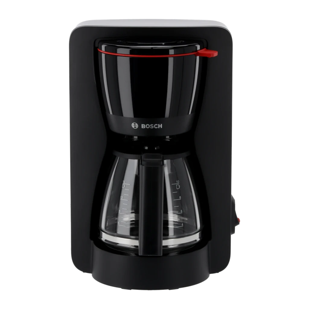 Cafetera de Goteo Bosch MyMoment TKA2M113 1,25L 1200W Negro, detalle frontal: asa roja en tapa y jarra de vidrio con escala
