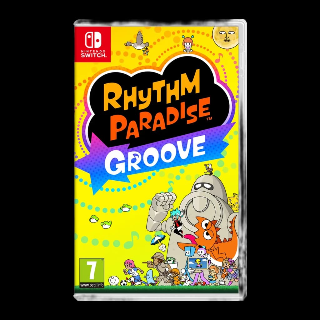 Jogo Nintendo Rhythm Paradise Groove Switch Padrão, vista frontal: capa amarela com personagens coloridos e logótipo