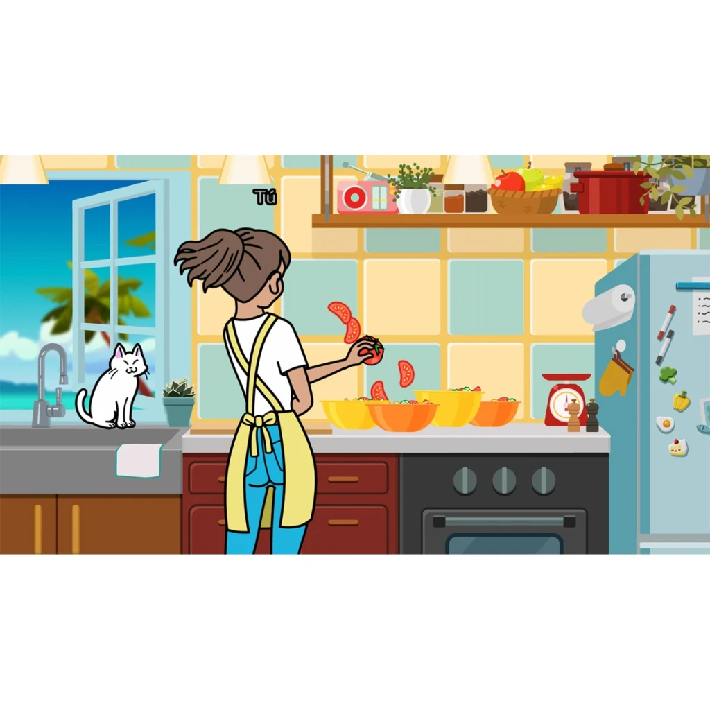 Jogo Nintendo Rhythm Paradise Groove Switch Padrão, em uso: cena animada de cozinha com personagem lançando tomates ao ritmo