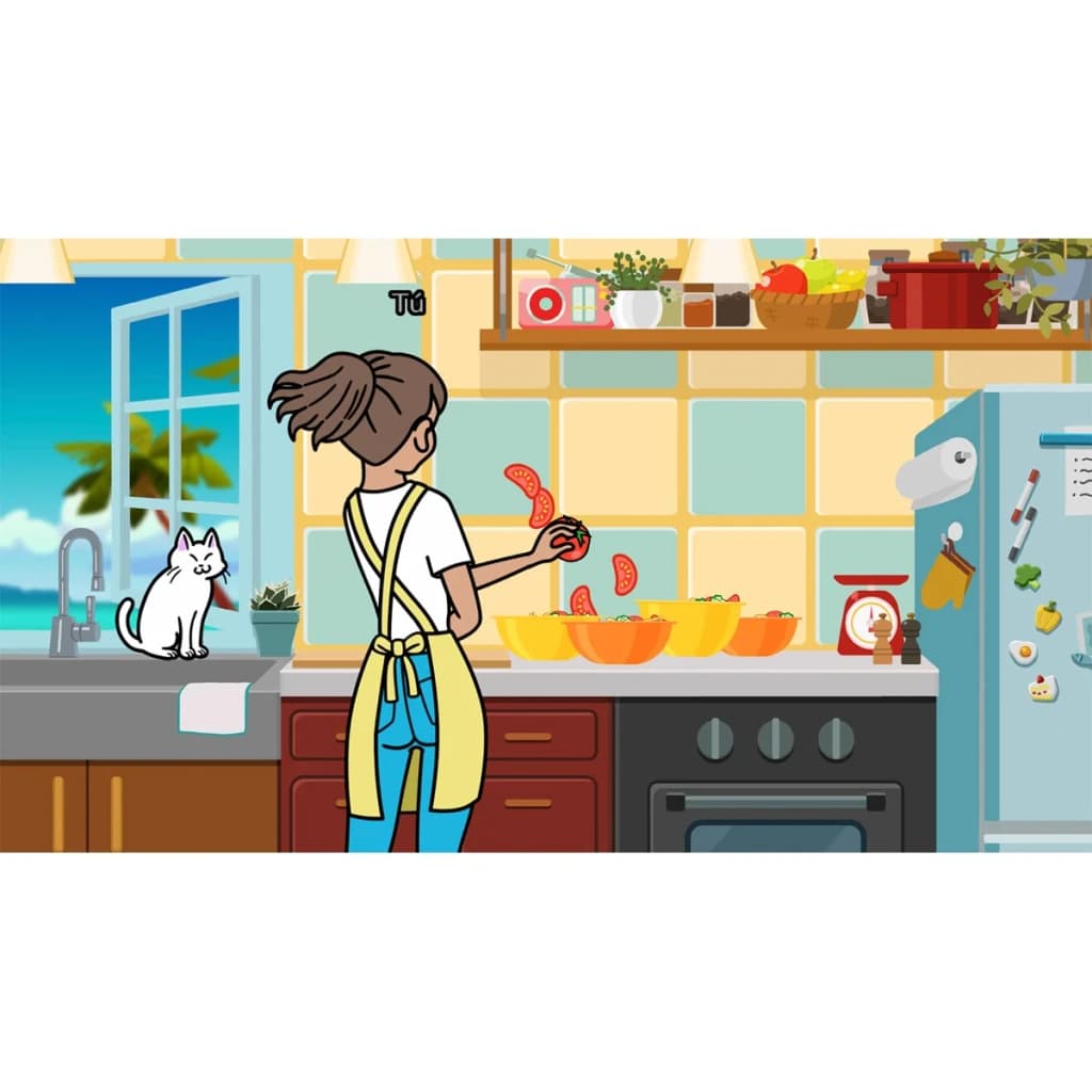 Jogo Nintendo Rhythm Paradise Groove Switch Padrão, em uso: cena animada de cozinha com personagem lançando tomates ao ritmo