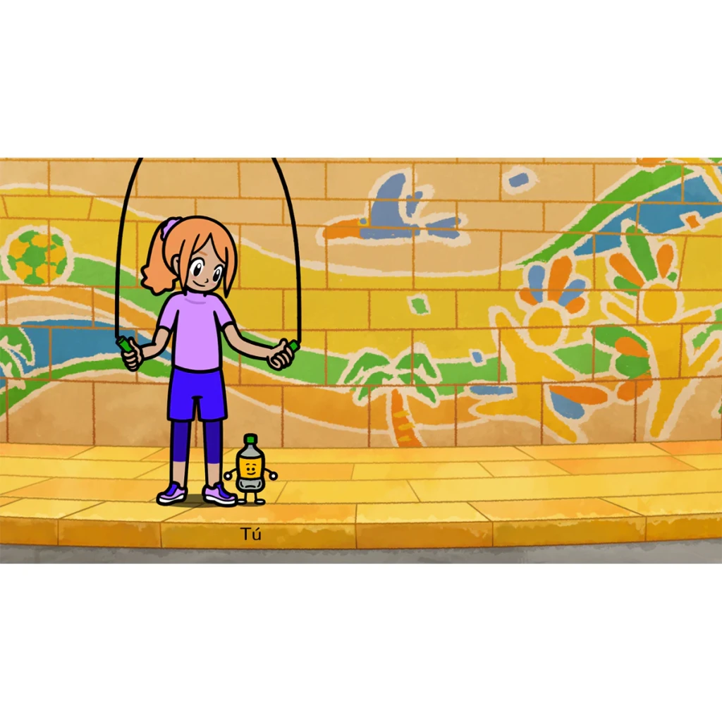 Jogo Nintendo Rhythm Paradise Groove Switch Padrão em uso: menina animada com corda e mascote garrafa em cenário de azulejos