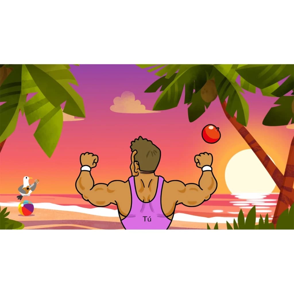 Jogo Nintendo Rhythm Paradise Groove Switch Padrão, em uso: personagem musculoso em praia ao pôr do sol lança objeto ao