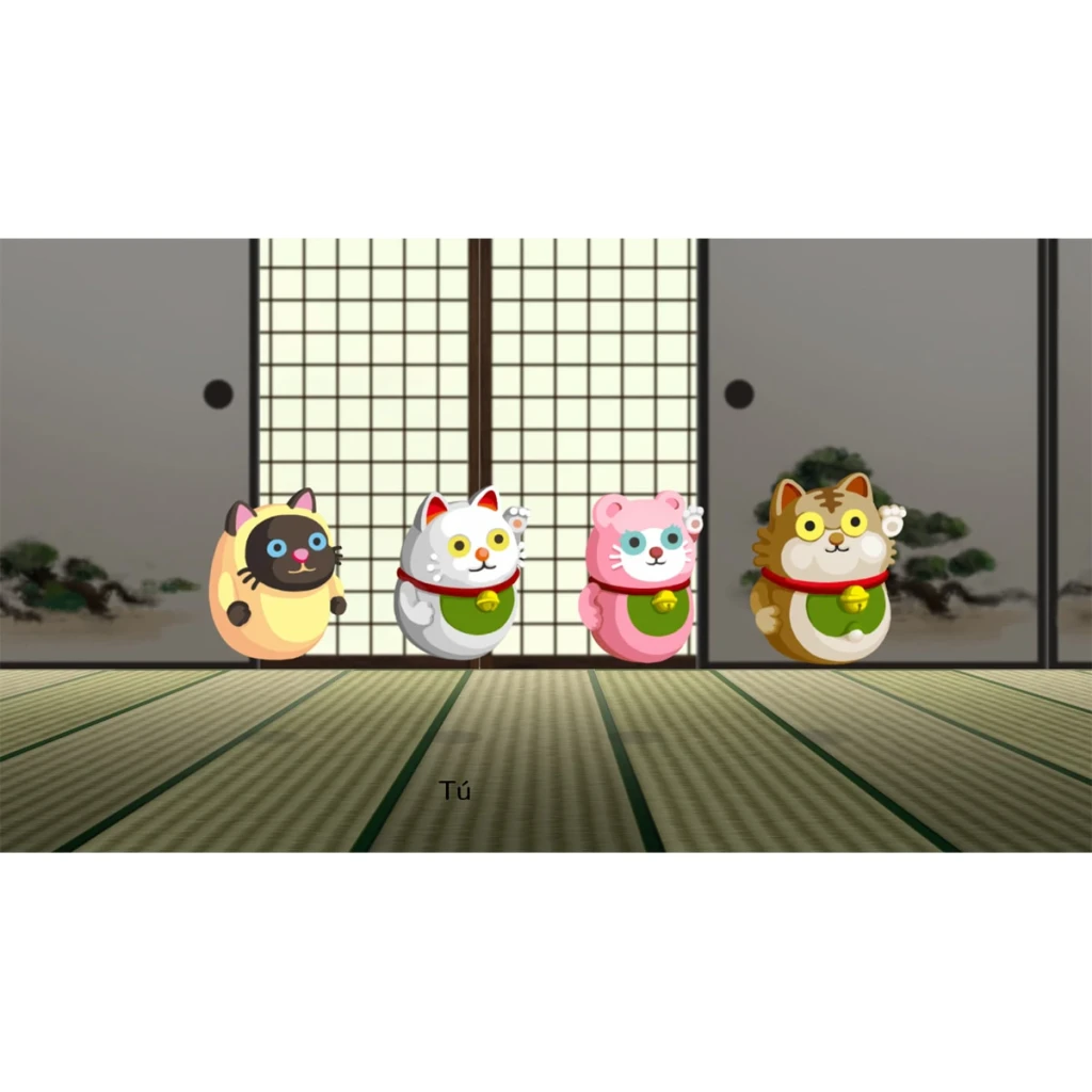 Jogo Nintendo Rhythm Paradise Groove Switch Padrão, em uso: quatro gatos maneki-neko animados a dançar em sala japonesa