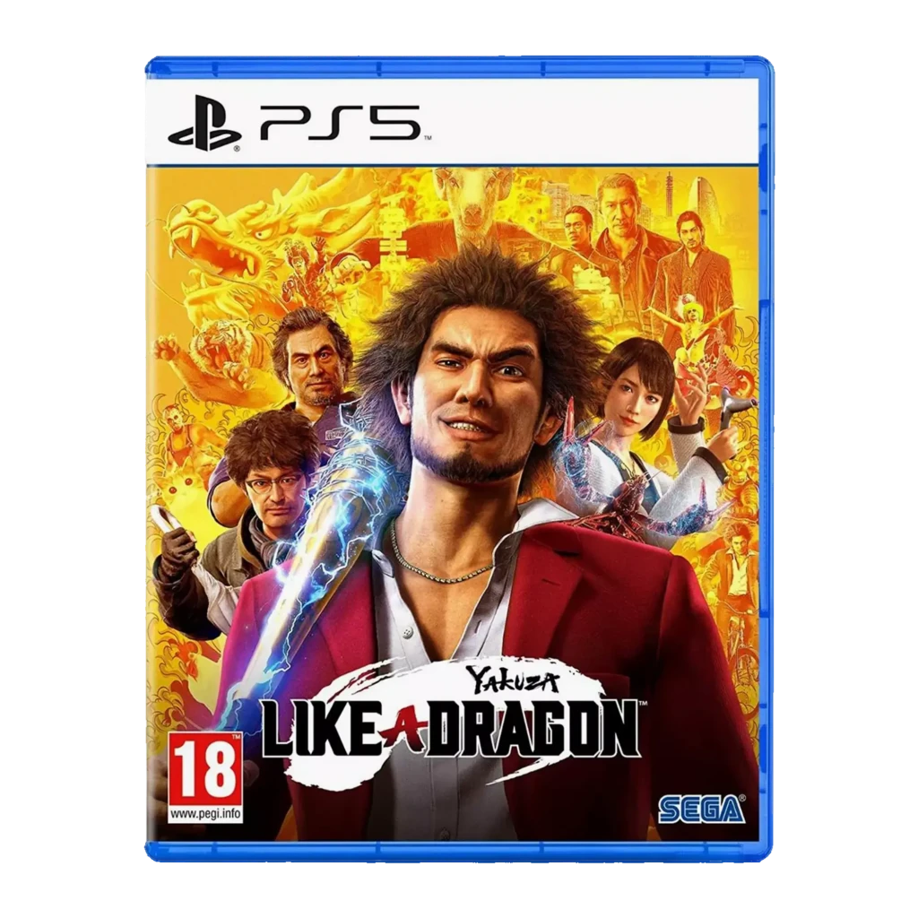 Videojuego Sega Yakuza: Like a Dragon Estándar PS5, vista frontal: carátula con protagonista en traje rojo, dragón y logo