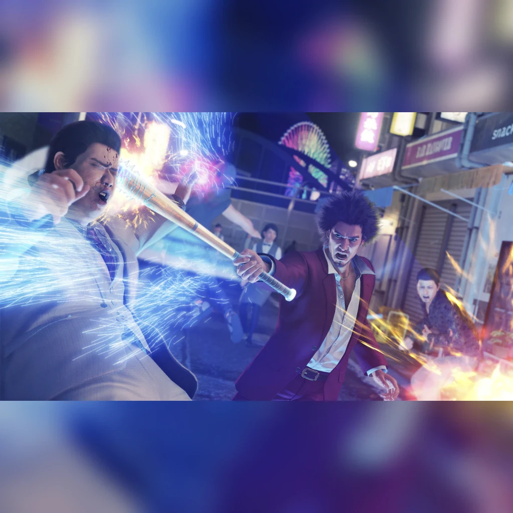 Videojuego Sega Yakuza: Like a Dragon Estándar PS5, en uso: combate callejero nocturno con bate y efectos de luz