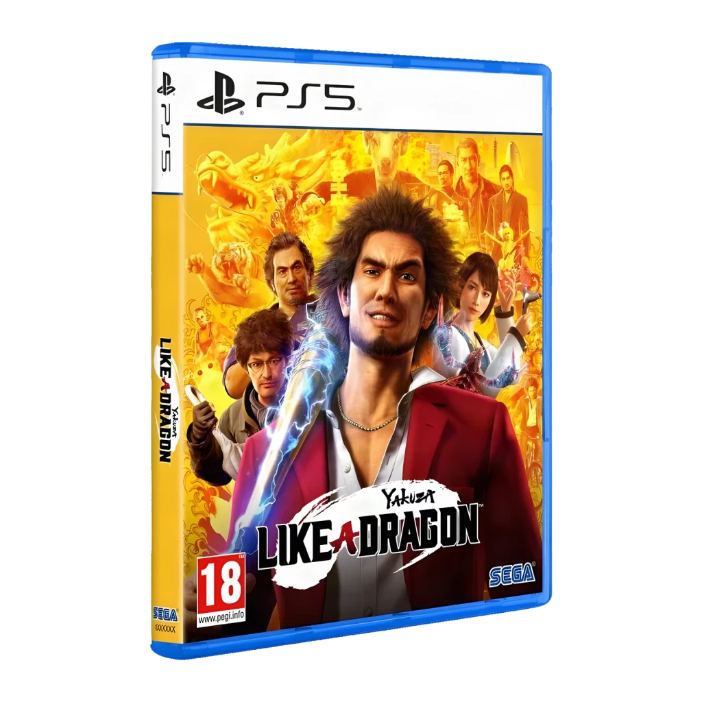 Videojuego Sega Yakuza: Like a Dragon Estándar PS5, detalle: caja PS5 en ángulo con portada de personajes y logo del juego