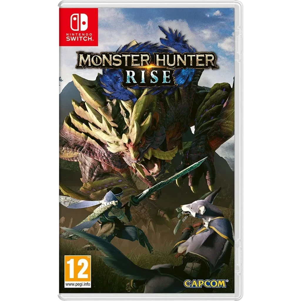 Capa do jogo Monster Hunter Rise para Nintendo Switch com arte épica: caçadores enfrentam monstro gigante; classificação PEGI 12; idiomas alemão, inglês,