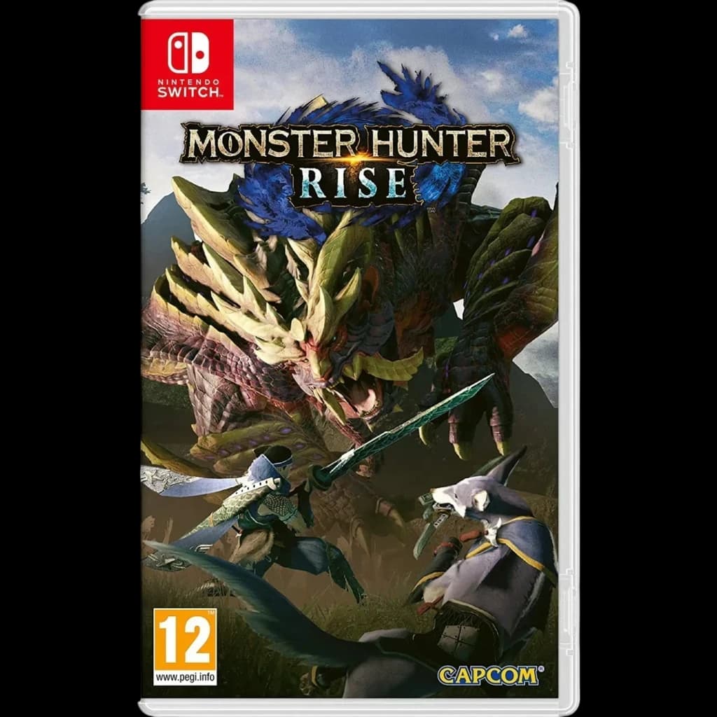 Capa do jogo Monster Hunter Rise para Nintendo Switch com arte épica: caçadores enfrentam monstro gigante; classificação PEGI 12; idiomas alemão, inglês,