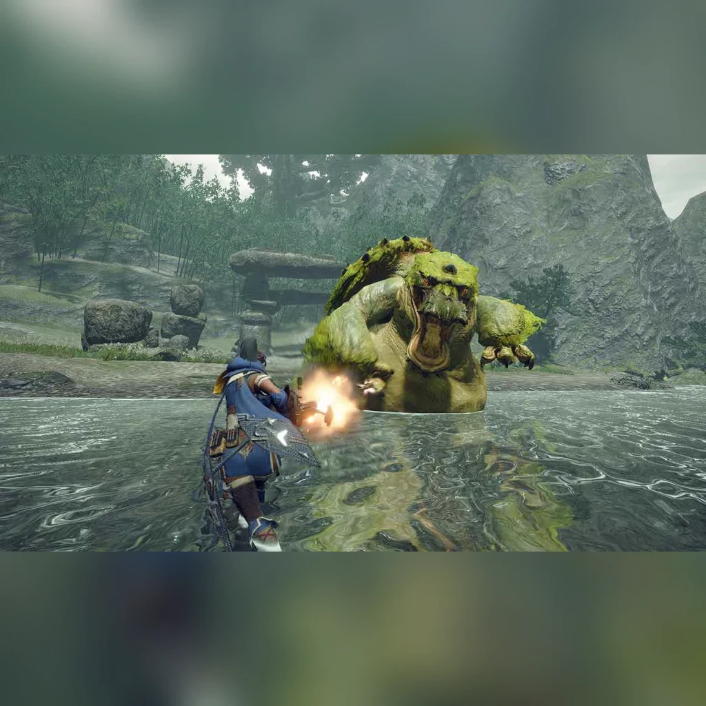 Videojogo Capcom Monster Hunter Rise Standard Nintendo Switch (Alemão, Inglês, Italiano), em uso: caçador disparando contra