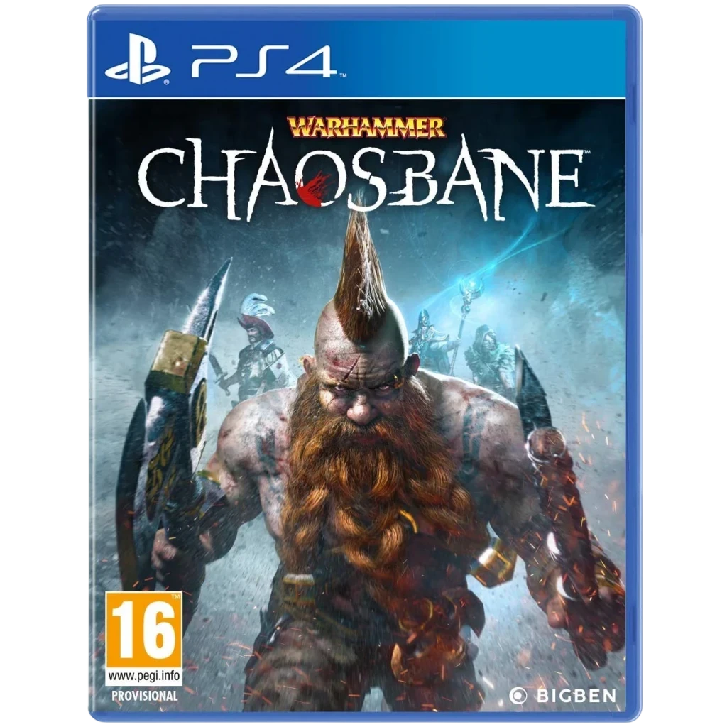 Carátula PS4 de Warhammer Chaosbane Nacon con enano guerrero al frente, armas en mano, fondo oscuro con monstruos y logotipos de edad y editorial