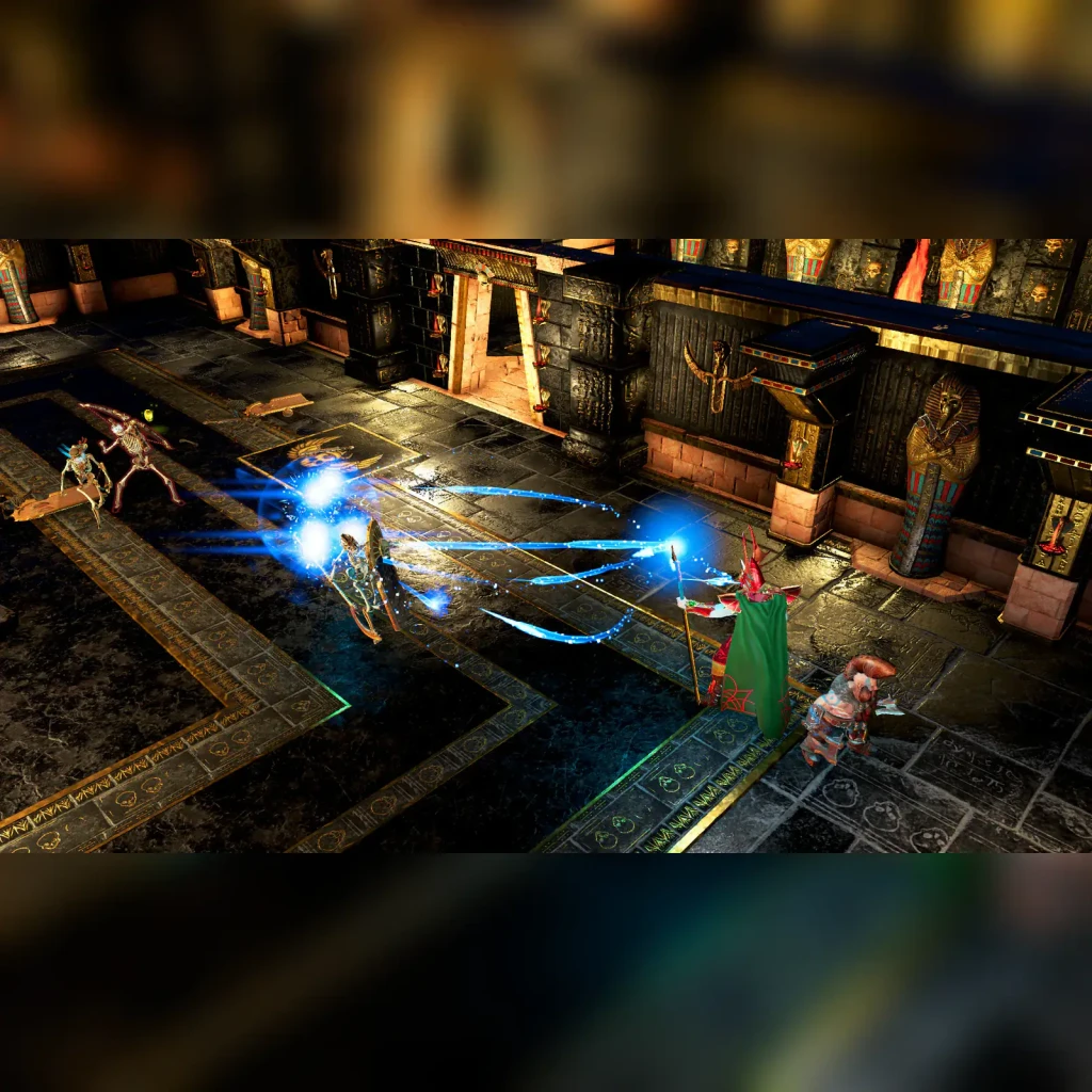 Videojuego Sony Interactive Entertainment Warhammer: Chaosbane PS4, en uso: combate en mazmorra egipcia con hechizos azules
