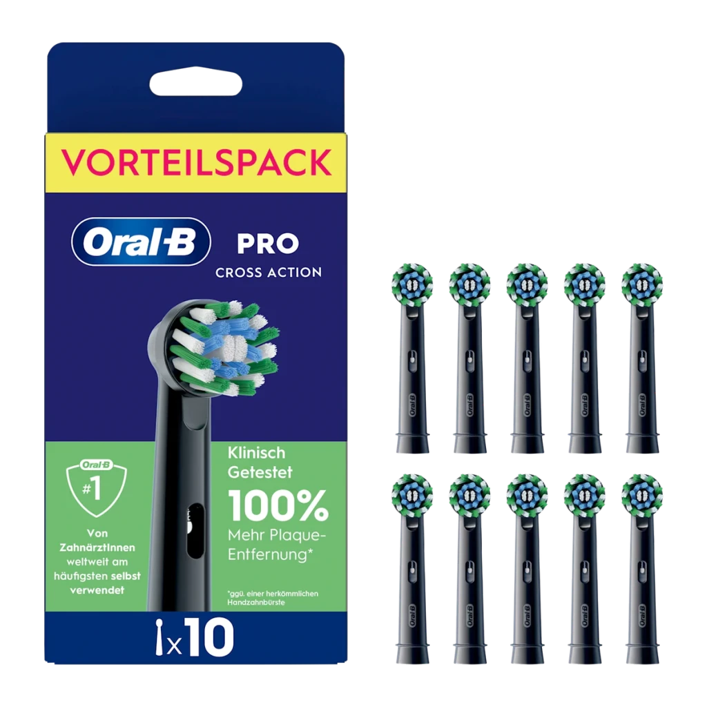 Brossette de rechange Oral-B Pro CrossAction Noir 10 unités, vue de face: boîte et 10 brossettes noires à poils croisés