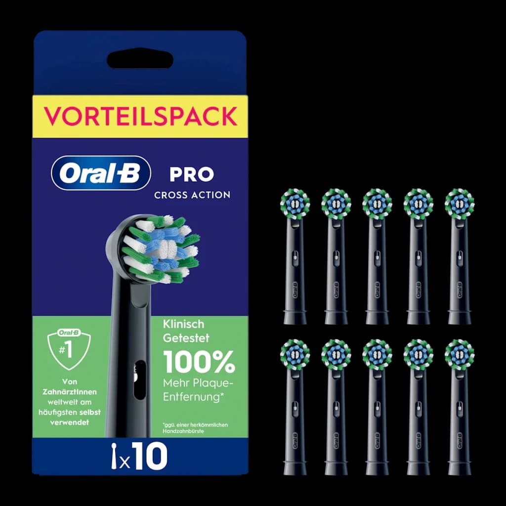 Brossette de rechange Oral-B Pro CrossAction Noir 10 unités, vue de face: boîte et 10 brossettes noires à poils croisés