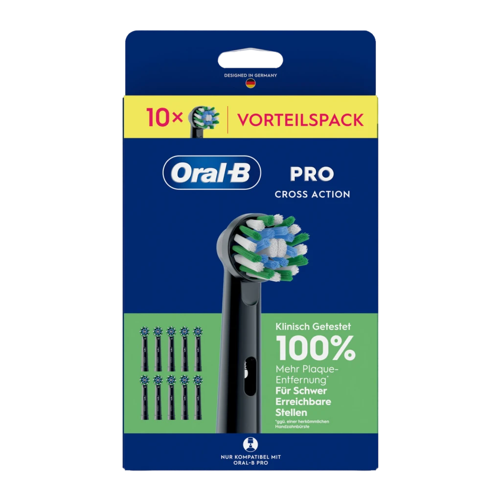 Brossette de rechange Oral-B Pro CrossAction Noir 10 unités, emballage face avant: boîte bleue avec tête noire et poils