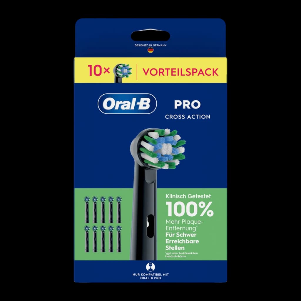 Brossette de rechange Oral-B Pro CrossAction Noir 10 unités, emballage face avant: boîte bleue avec tête noire et poils