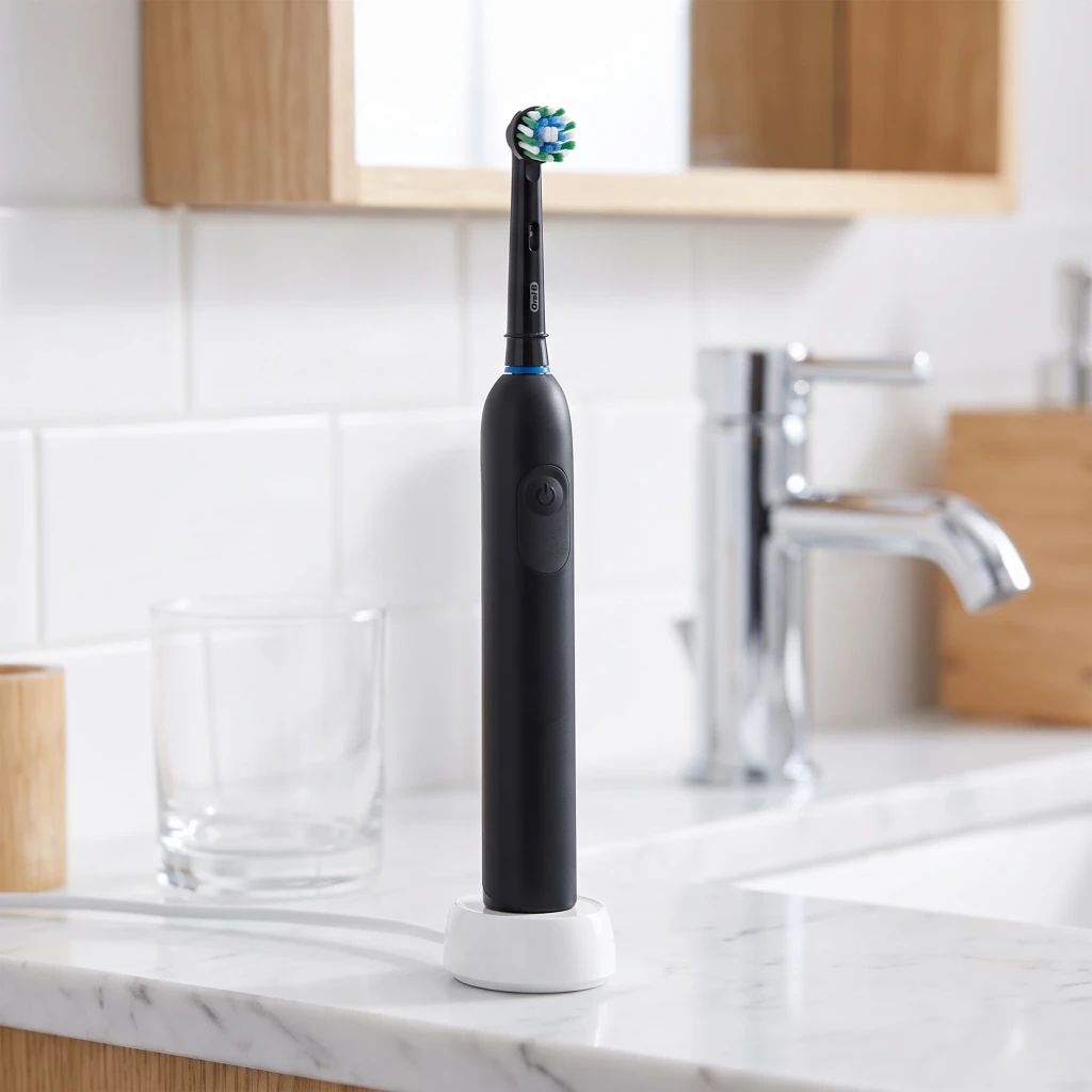 Brossette de rechange Oral-B Pro CrossAction Noir 10 unités, en utilisation: brossette montée sur manche noir sur socle