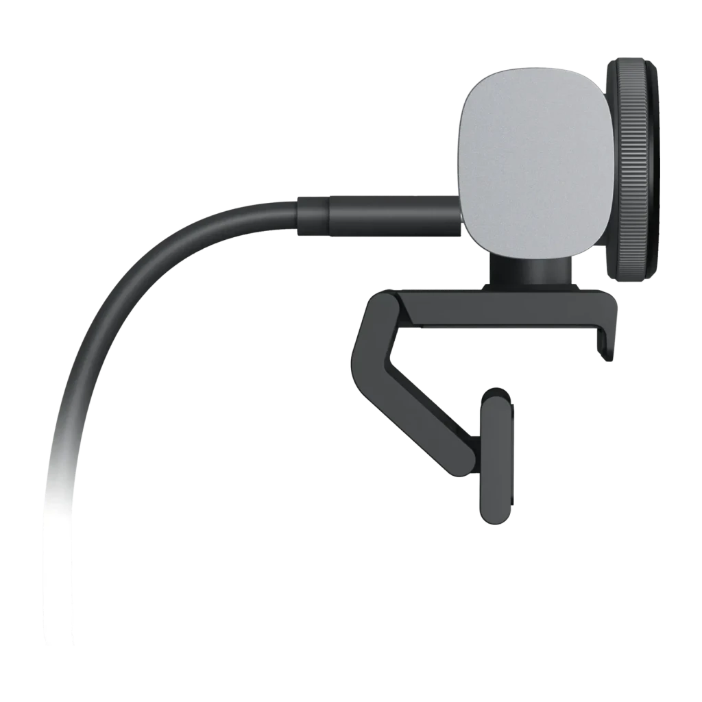 Webcam Logitech MX Brio 4K Microfone 30fps USB-C Grafite, detalhe lateral: clipe de montagem, roda de ajuste e cabo USB-C