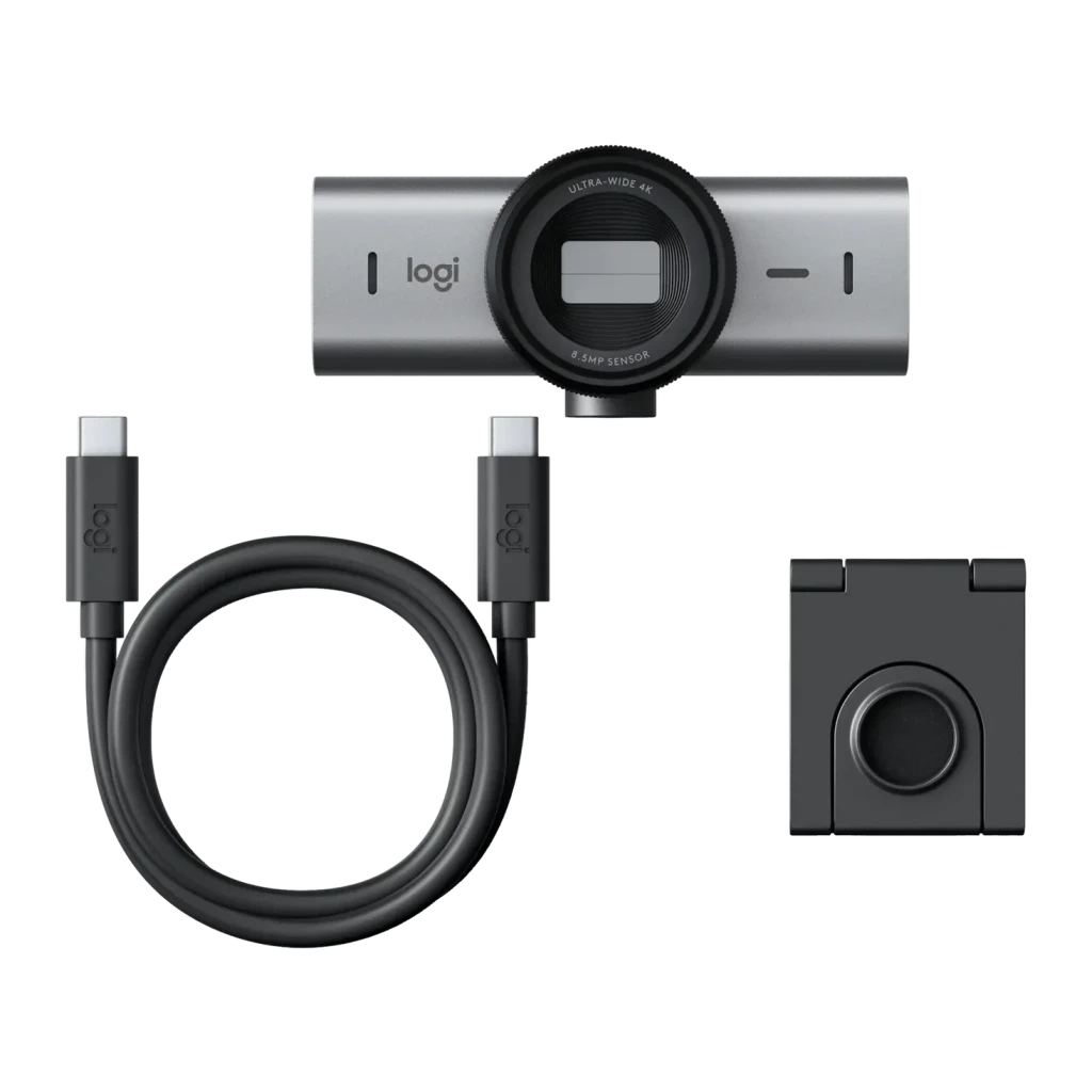 Webcam Logitech MX Brio 4K Microfone 30fps USB-C Grafite, detalhe: conteúdo da caixa com webcam, cabo USB-C e suporte