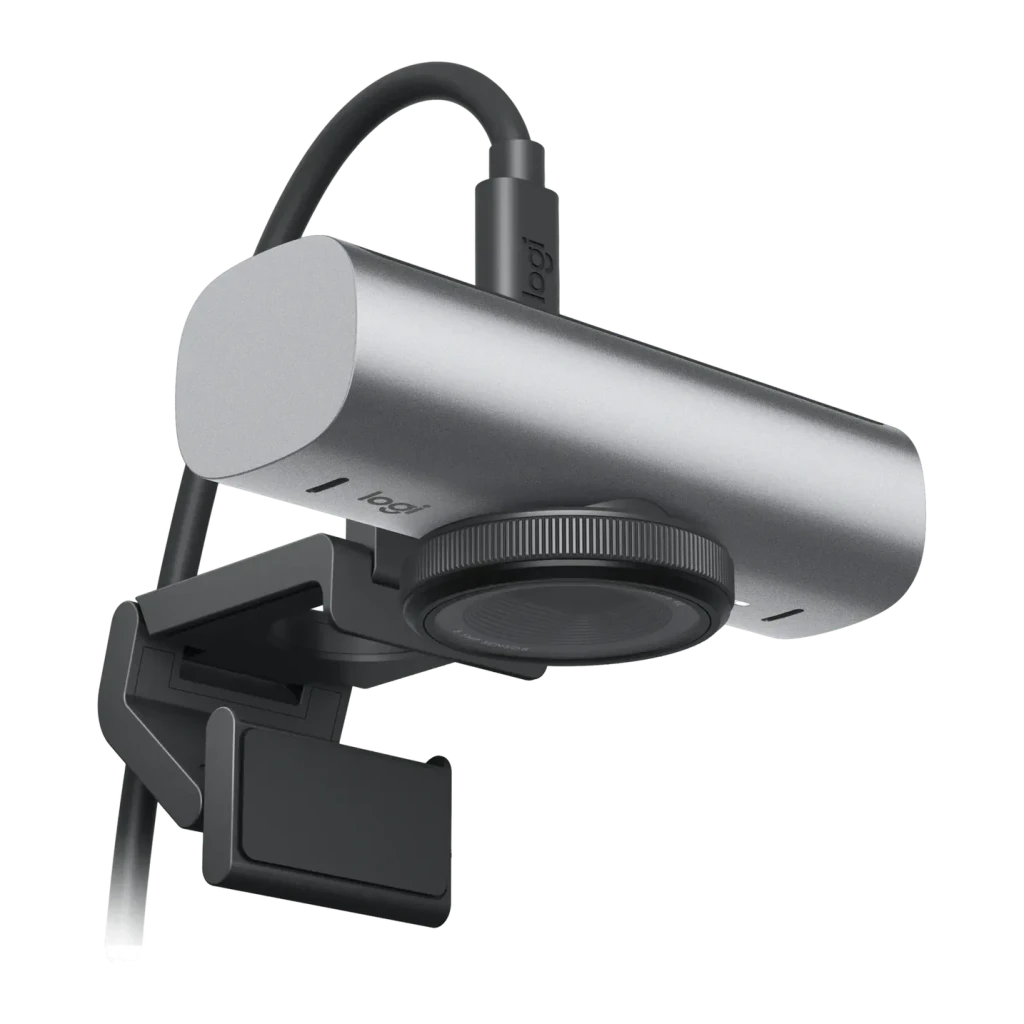 Webcam Logitech MX Brio 4K Microfone 30fps USB-C Grafite, vista traseira: corpo prateado, dial de ajuste e clipe de montagem