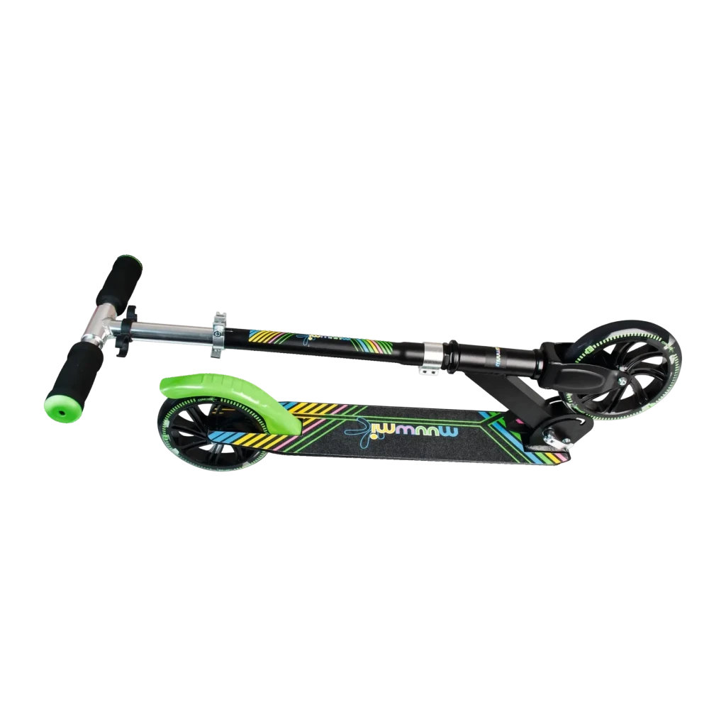Patinete Muuwmi Aluminium Scooter Neon 180 mm con ruedas luminosas 180mm Negro, detalle: tabla con logo, arco verde y ruedas