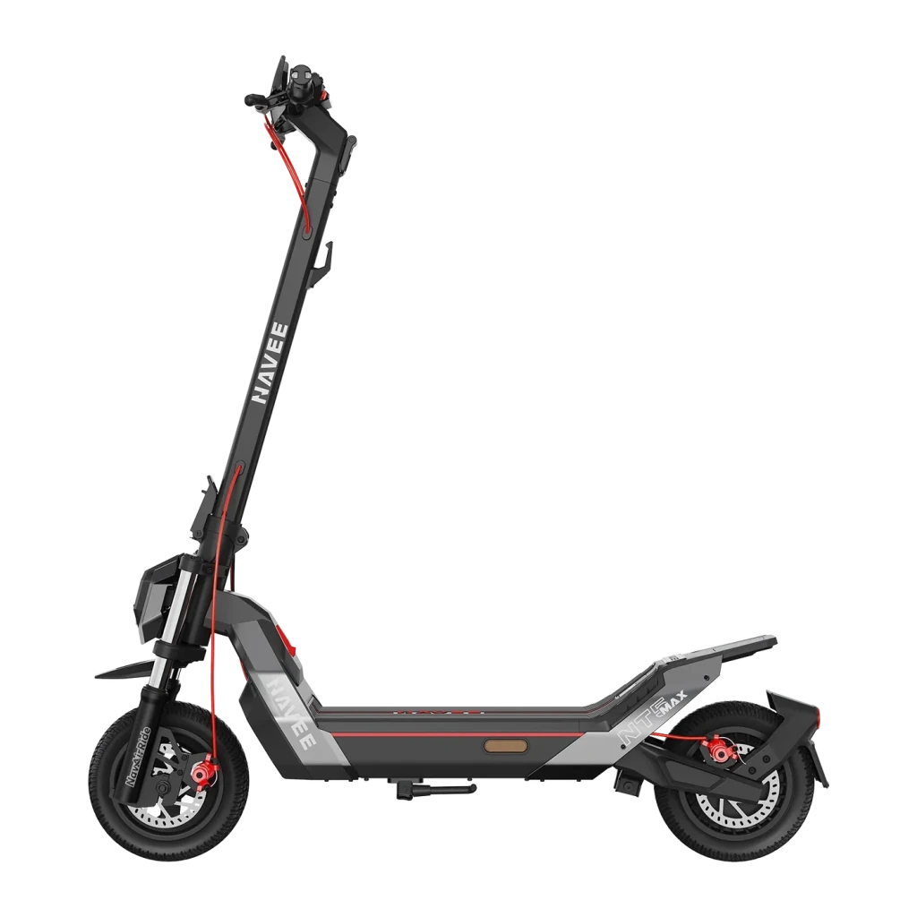 Patinete Eléctrico NAVEE NT5 Max 700W 85km 25km/h 10,5 pulgadas Negro, detalle lateral: frenos de disco rojos, suspensión