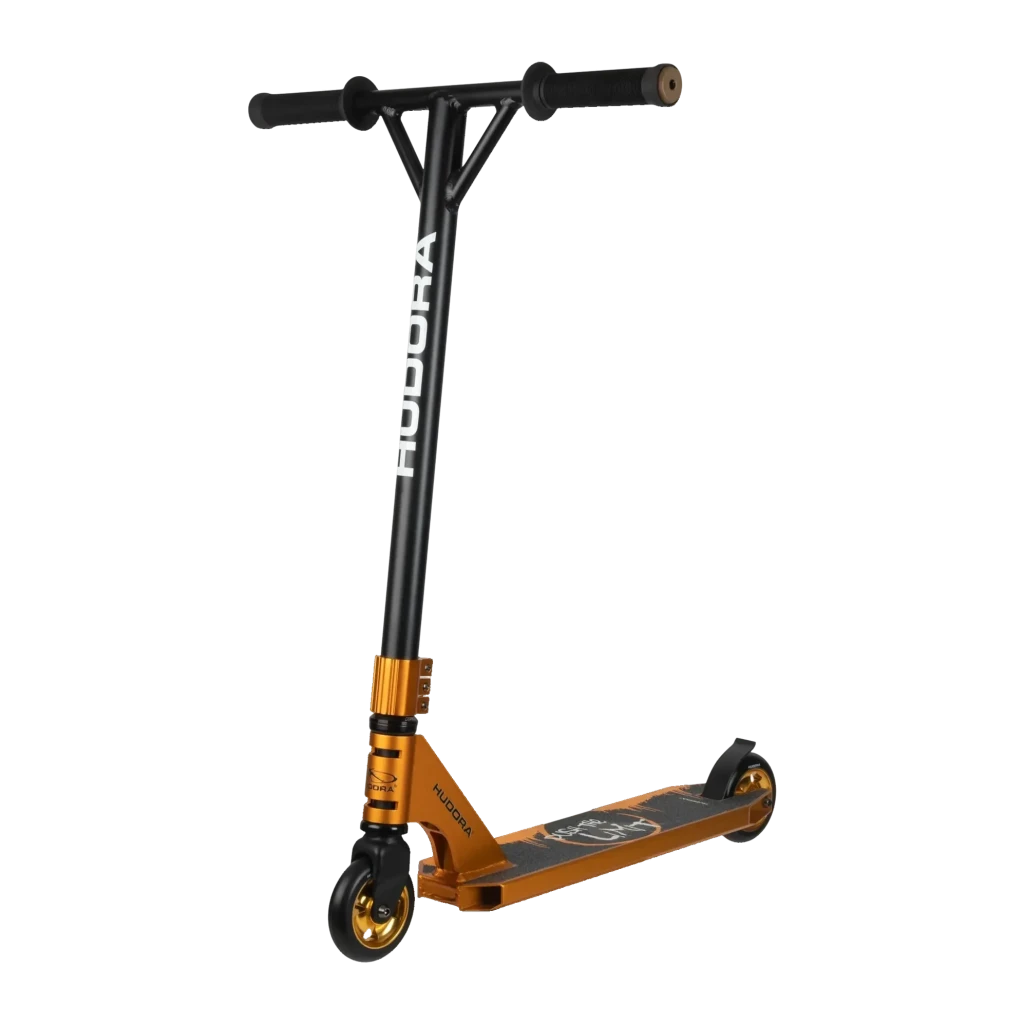 Patinete acrobático Hudora XR-25.1 Aluminio T6, ruedas PU 100mm ABEC 9 10+ Dorado/Negro, vista frontal: manillar negro, deck
