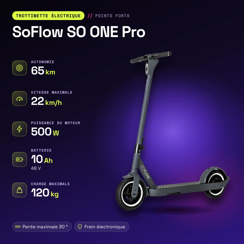 Trottinette électrique SoFlow SO ONE Pro 500W 65km 22km/h 10 pouces Noir - caractéristiques