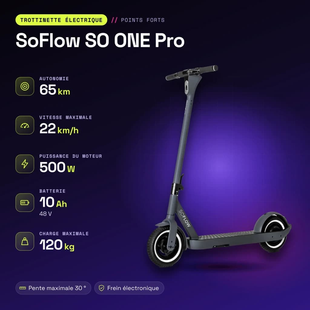 Trottinette électrique SoFlow SO ONE Pro 500W 65km 22km/h 10 pouces Noir - caractéristiques
