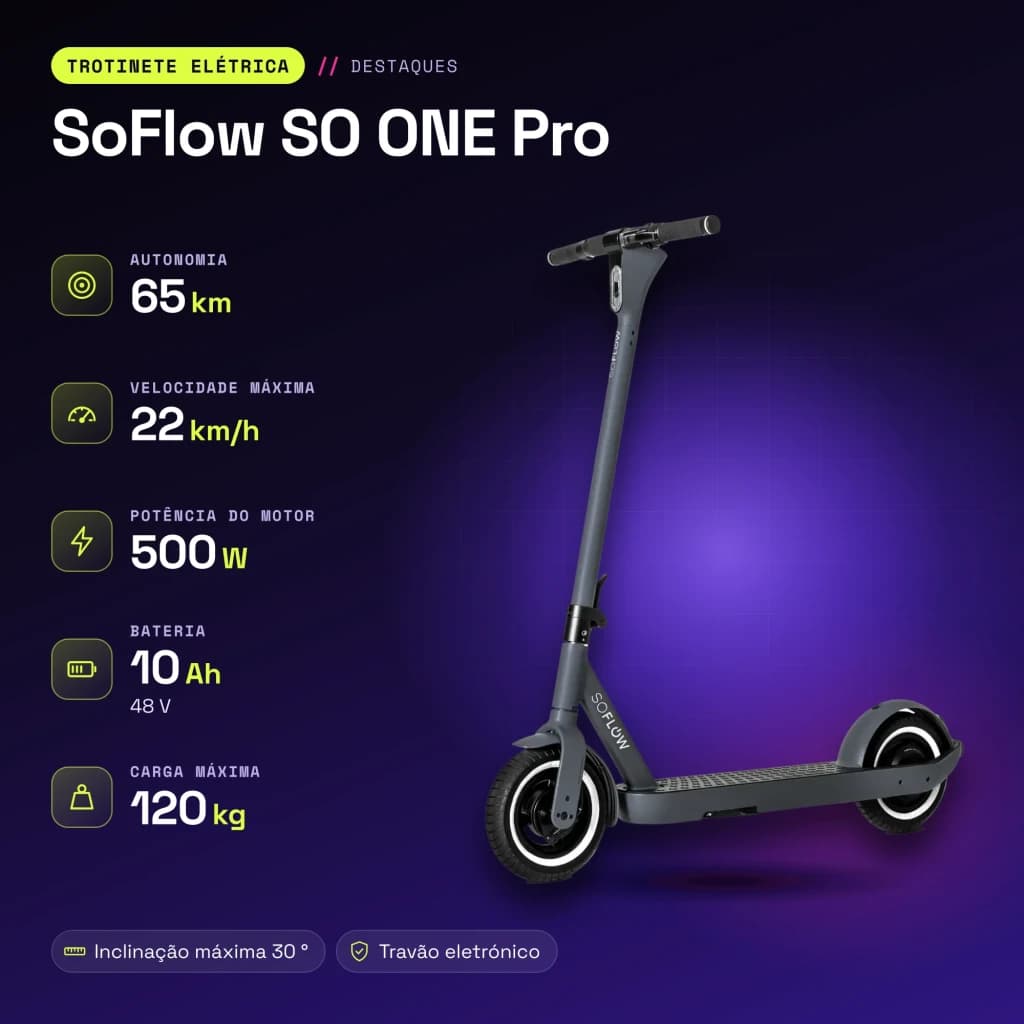 Trottinette électrique SoFlow SO ONE Pro 500W 65km 22km/h 10 pouces Noir - caractéristiques