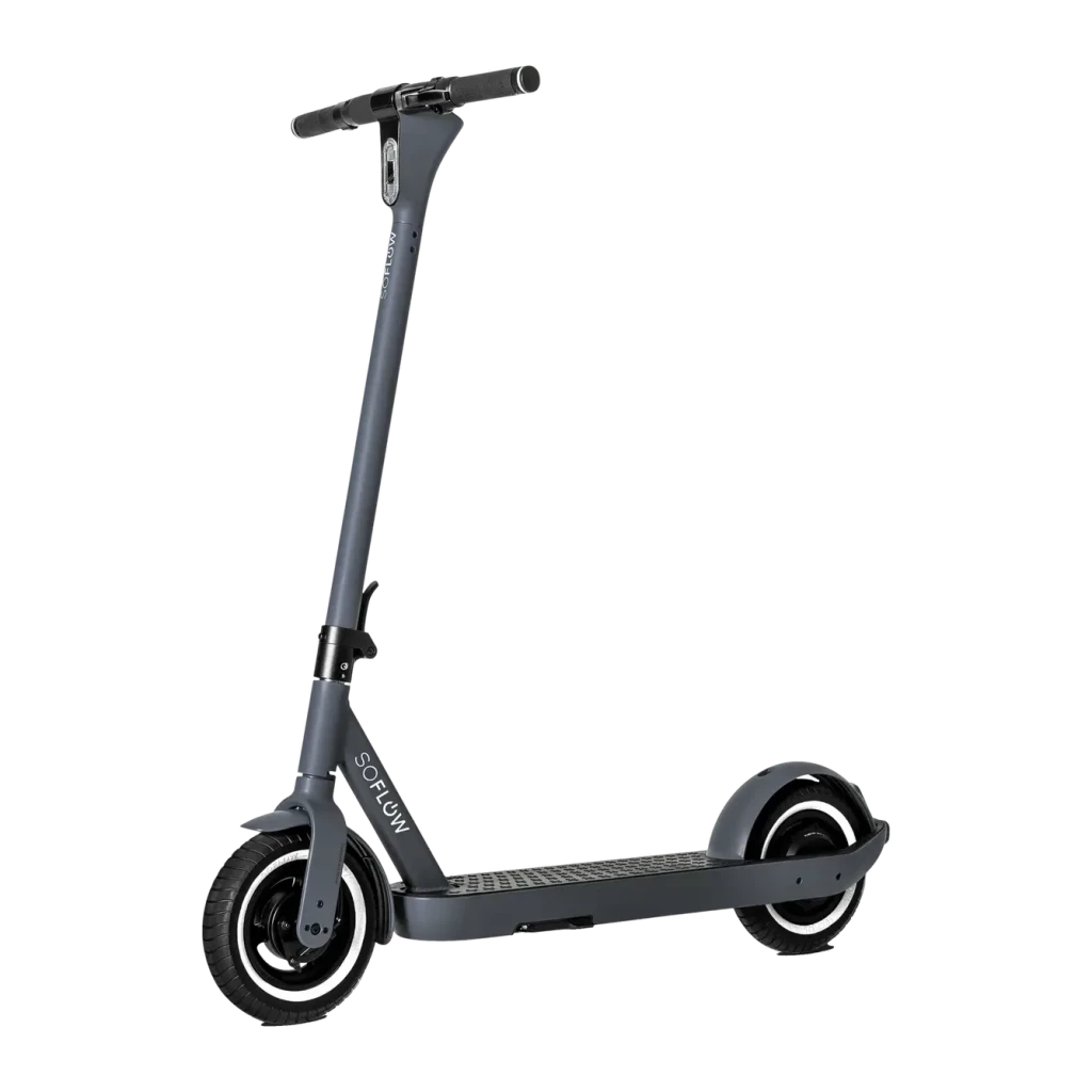 Trottinette électrique SoFlow SO ONE Pro 500W 65km 22km/h 10 pouces Noir, vue de face: guidon, plateforme et roues 10 pouces
