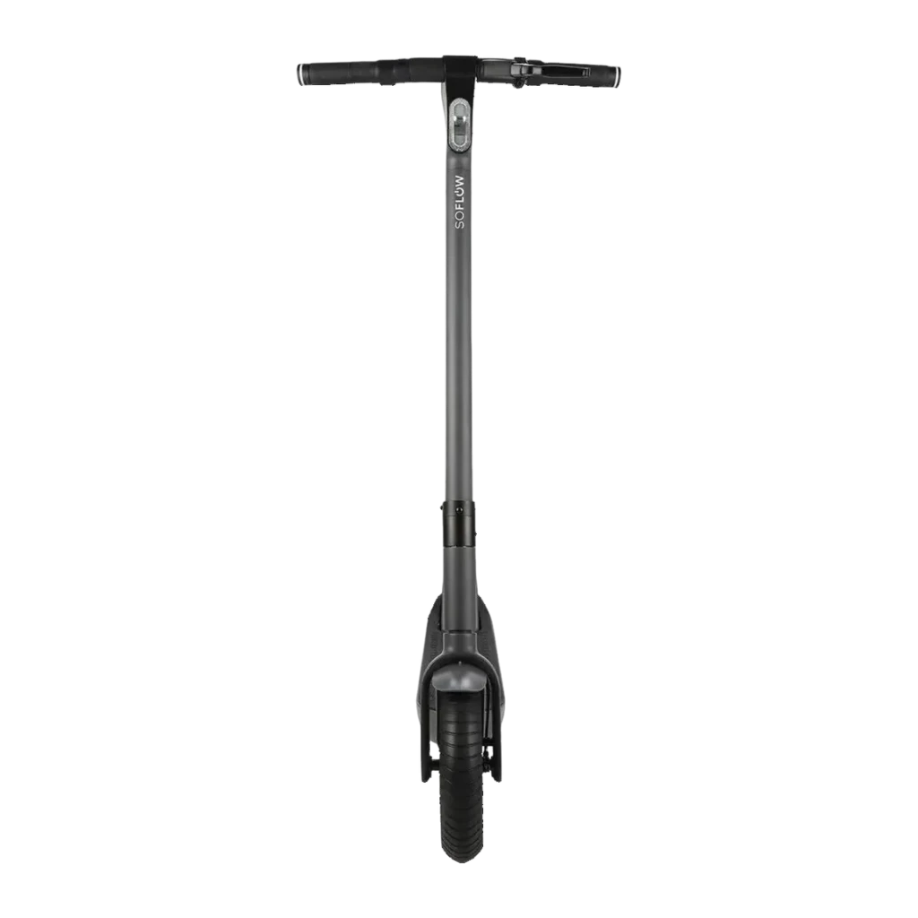 Trottinette électrique SoFlow SO ONE Pro 500W 65km 22km/h 10 pouces Noir, détail avant: guidon, logo et roue avant visibles